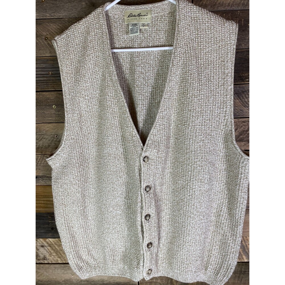 Eddie Bauer Mens Sz M Tan V-Neck Sleeveless Button Down Sweater Vest